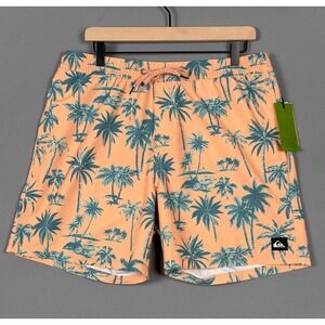 Quiksilver Mens Palm Tree Print Swim Trunks Peach Teal Board Shorts New